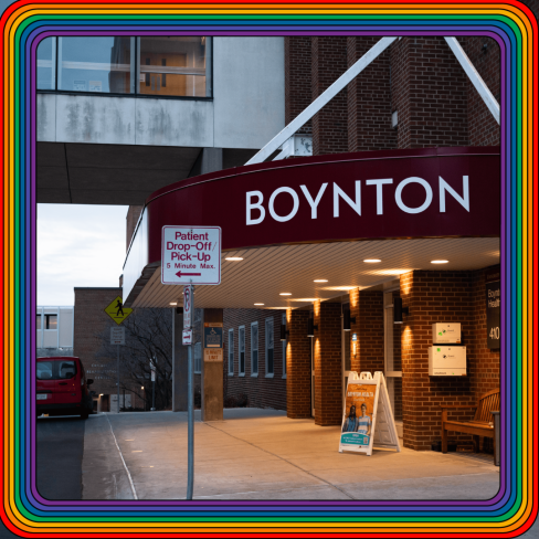 Boynton Health awning with rainbow border